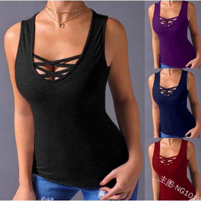 Canotta Casual da Donna Scollo a U Incrociato Davanti Taglio Cutout Senza Maniche Vestibilità Slim Monocolore Elasticizzata Disponibile in Quattro Colori