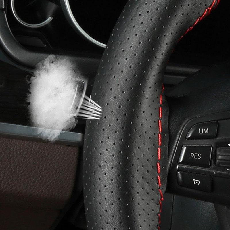 38cm Genuine Leather Car Steering Wheel Cover Hand Stitched Perforated & Two-Tone Design All Season With Thread Needles