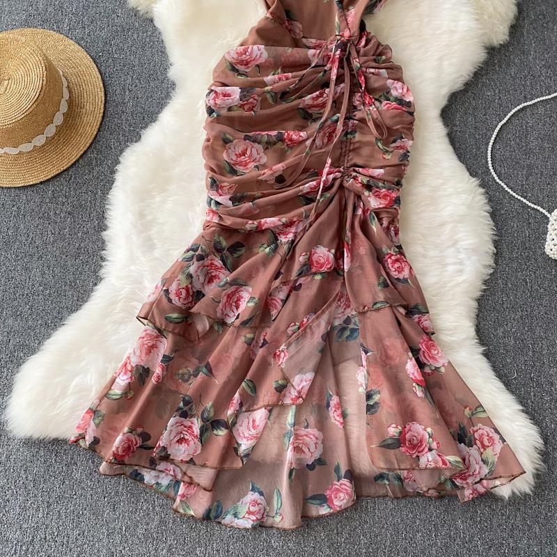 Chic Drawstring Bodycon Short Sleeve Vneck Dress Wrap Dresse Fashion Vestidos Women Vintage Spring and Autumn Trumpet Dress