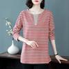 Women Korean Fashion Striped Print Patchwork Long Sleeve T-shirt Autumn Casual V Neck Loose Comfortable Basic Tops Female