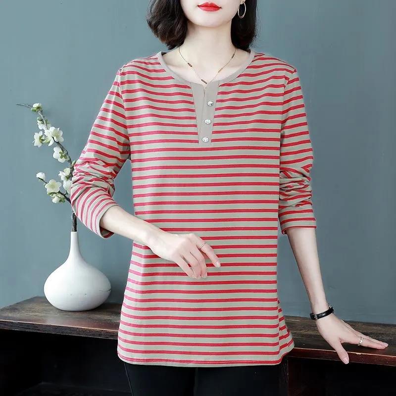 

Женская корейская мода полосатый принт пэчворк длинный рукав футболка осень повседневный V-образный вырез свободный удобный базовый топ женский S красный