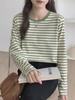 Women's Spring 2025 Green Striped Long-Sleeve Round Neck T-Shirt: Loose-Fit, Slim-Style, Commuting Top