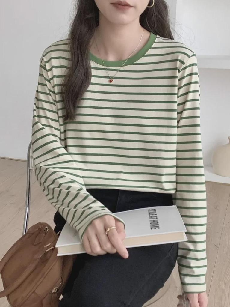 Women's Spring 2025 Green Striped Long-Sleeve Round Neck T-Shirt: Loose-Fit, Slim-Style, Commuting Top