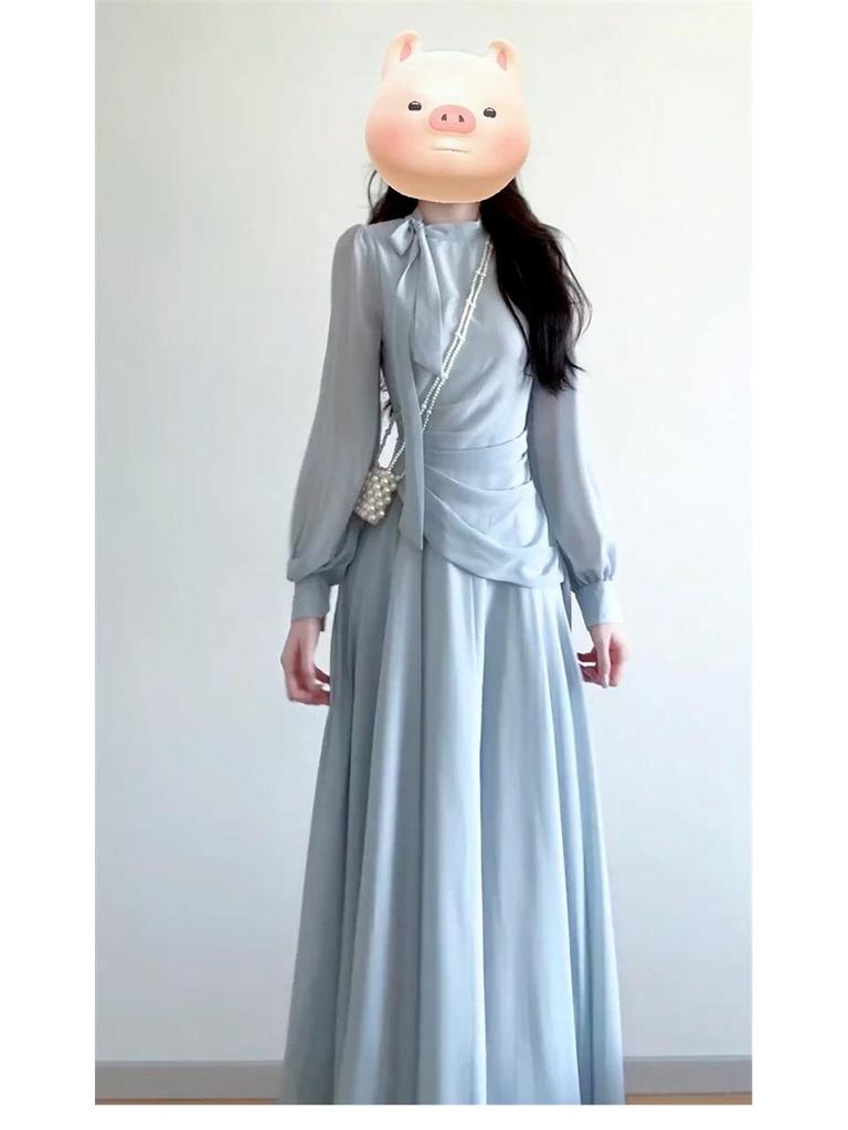 Early Autumn New Chinese Zen Blue Long-Sleeved Dress Set