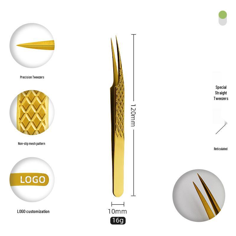 Golden Feather Stainless Steel Eyelash Tweezers for Grafting and Extensions