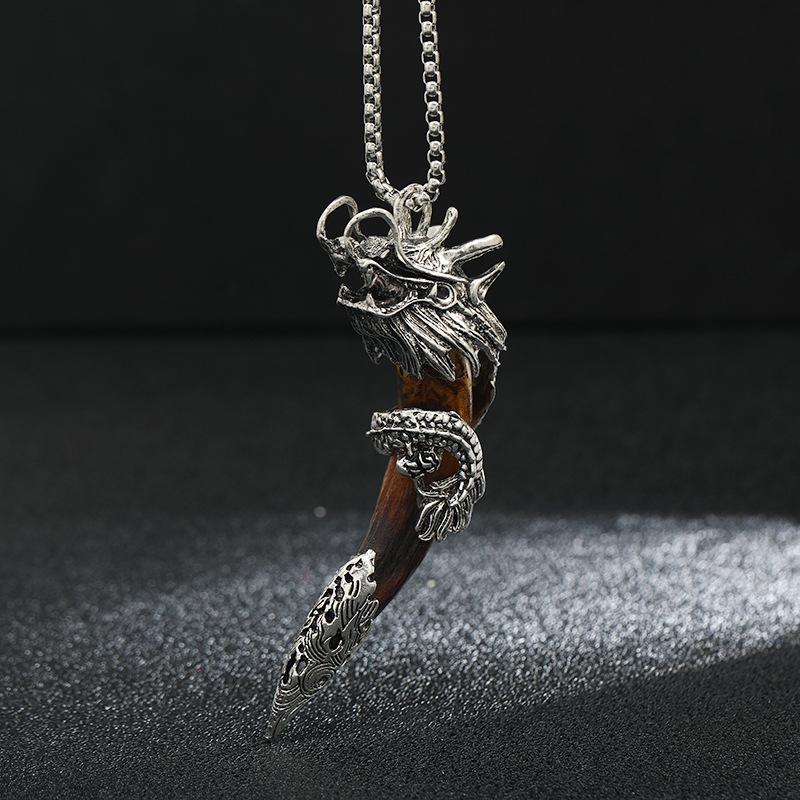 Panlong Wolf Tooth Niche Titanium Steel Necklace Tibetan Silver Inlaid Real Dog Tooth Pendant Men's and Women's Personalized Retro Pendant