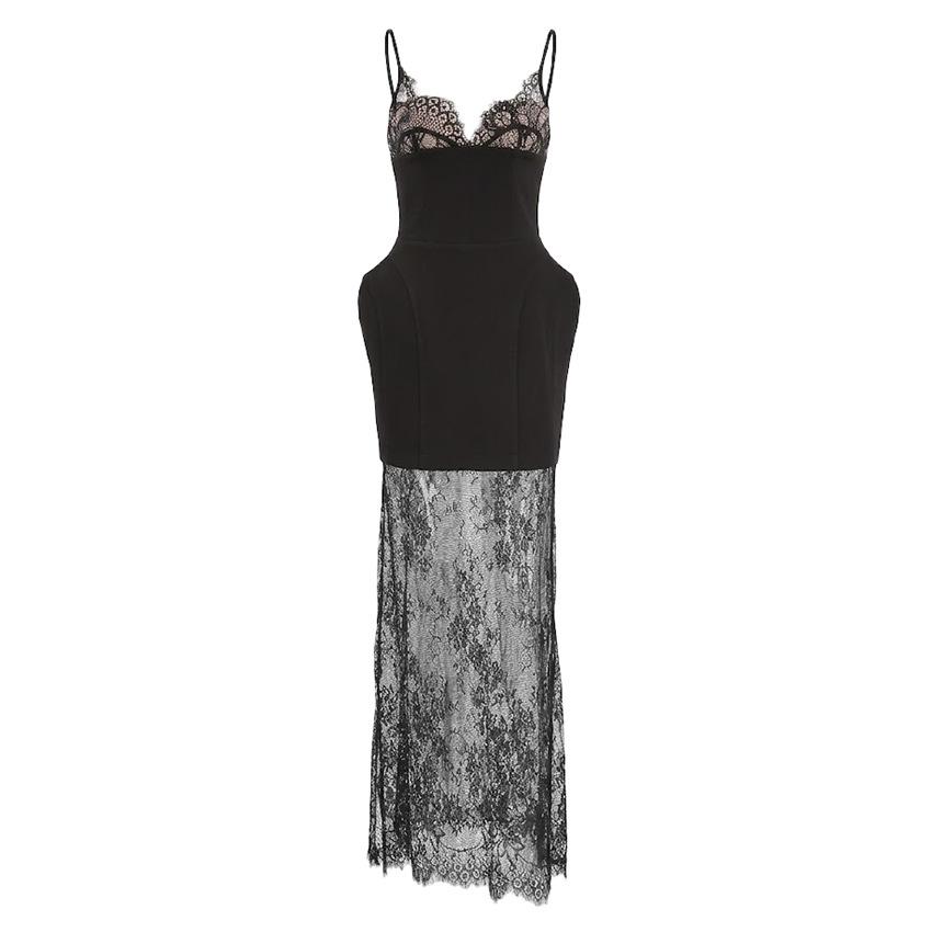 1116 Summer Retro Black Sexy Niche Tube Top Irregular Suspender Lace See-through Skirt Casual Suit