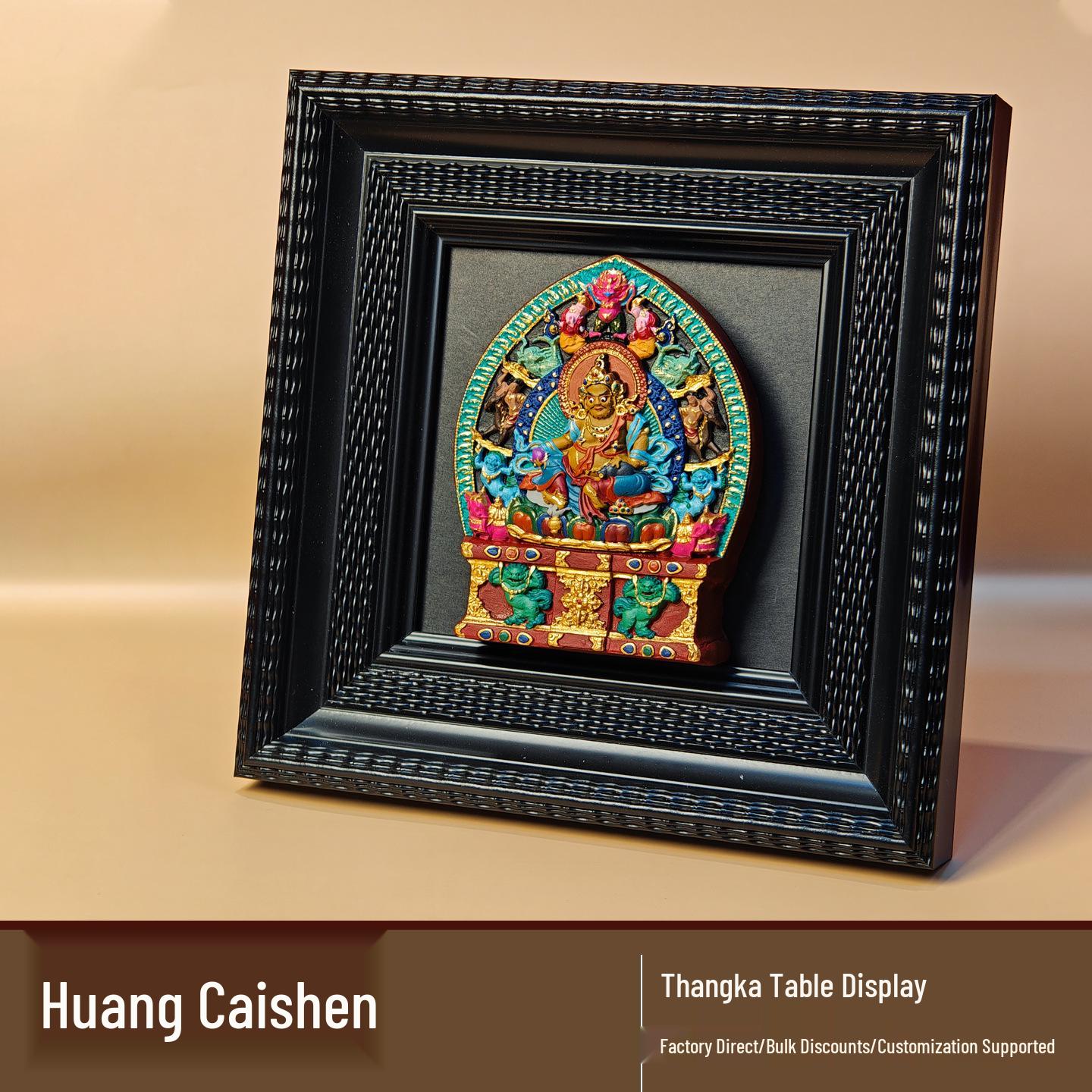 Hand-Painted Thangka Stand: 3D Mahakala, Yellow Jambhala & Green Tara Buddha Ornament.