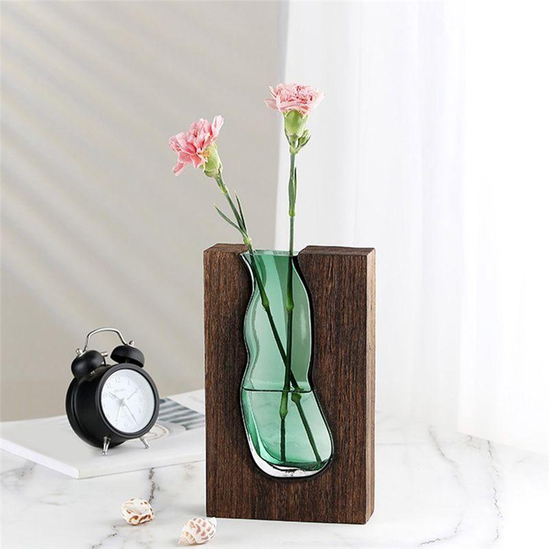 AEE4-Wooden House Glass Vase Water Raised Flower Living Room Dining Table Dry Flower Arrangement Container Ornament