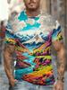Men's Printed Short Sleeve T-Shirt - Mountain River Landscape Painting Soft & Breathable, Trendy Summer Essential