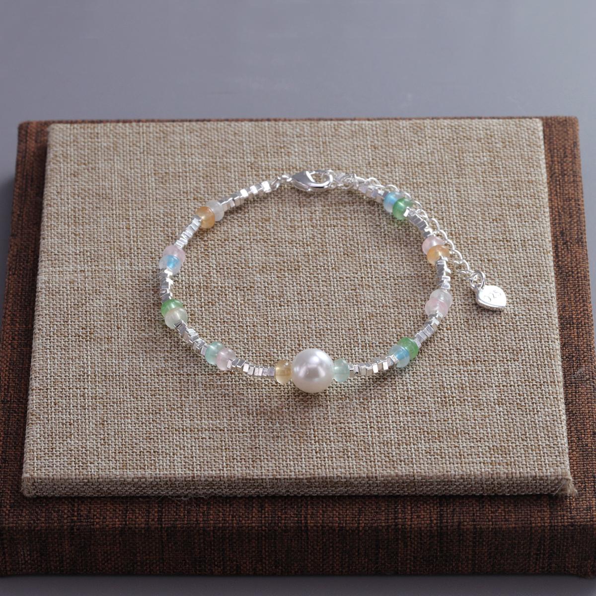 

PANJBJ 925 Sterling Silve Crystals Pearls Bracelets for Women Colorful Sweet Design Beading Jewelry Party Gift Dropshipping