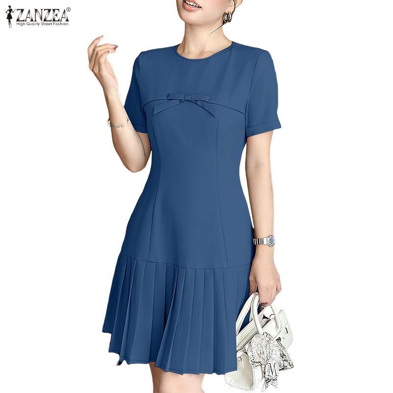 ZANZEA Women Casual Round Neck Summer Short Sleeve Dress