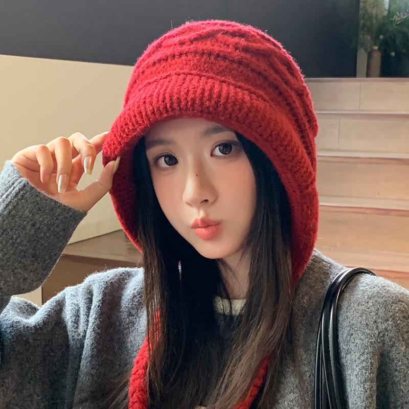 

Korean Retro Versatile Thickened Knitted Wool Hat FallSeason and ColdSeason Windproof and Warm Tassels Fox Hat Showing Face Small Pullover Hat One Size