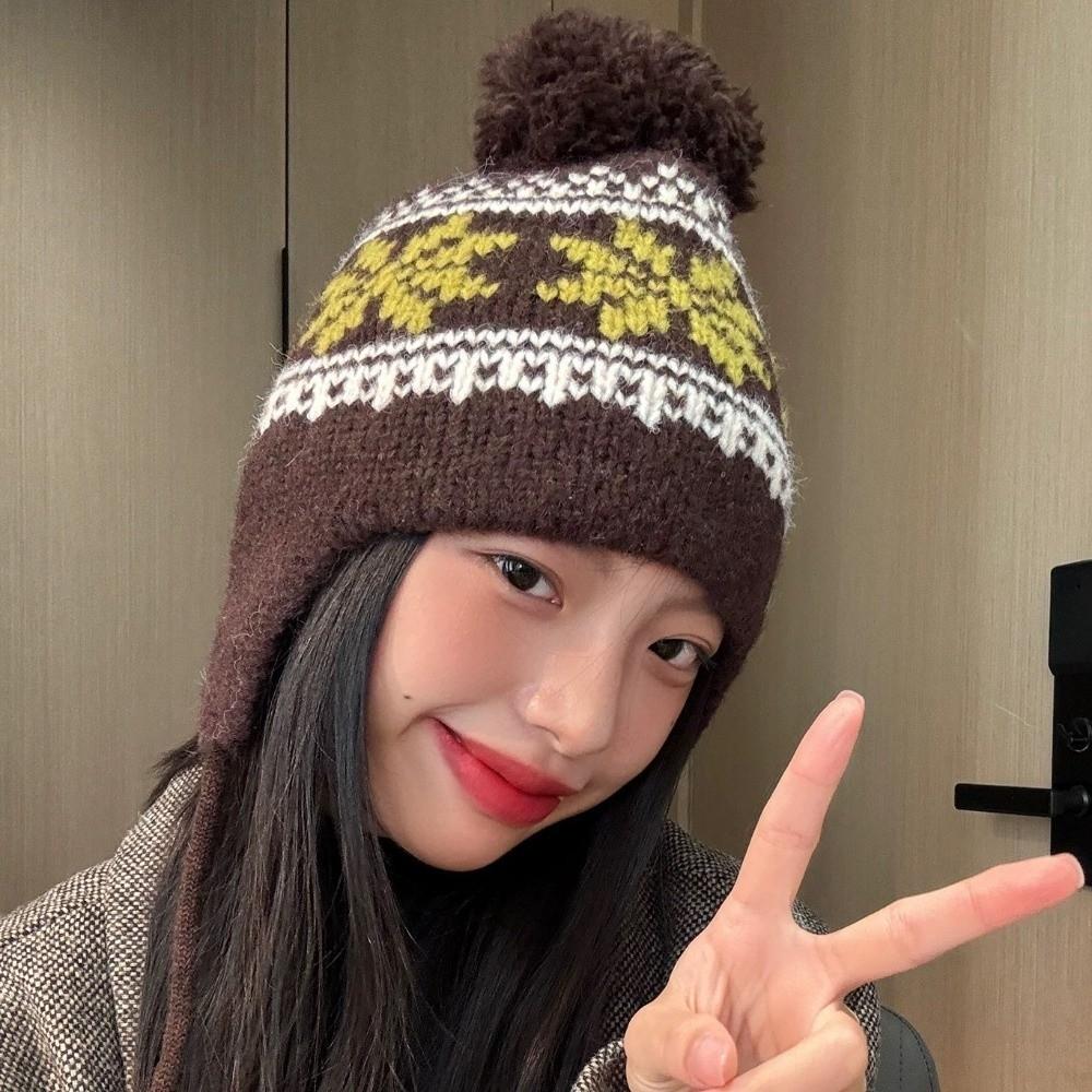Warm Knitted Pullover Hat Korean Style Beanies Cap Sweet Jacquard Woolen Hat Autumn