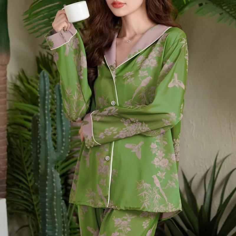 Elegant French Jacquard Ice Silk Pajamas for Women, Long Sleeve & Pants, Spring/Autumn Thin Style, Ins-Inspired Home Wear (2026 Collection)