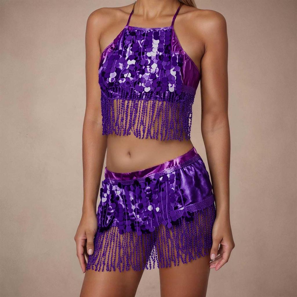 2 Deler, BH med paljettdusker, Topp med frynser, Magedansskjørt, Karneval, Klubb, Kostymer