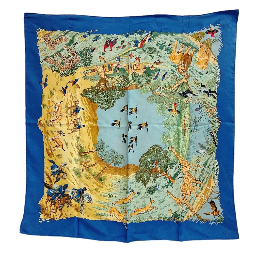 Hermes African Animal Pattern Silk Calle 90 Scarf Blue Silk Used
