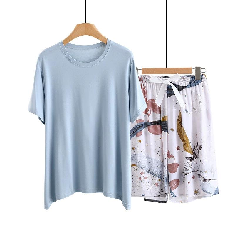 Summer Solid color Tshirts and Print shorts Simple Homewear O-Neck Loose Tshirts and Poplin short pants Casual sleepwear suits
