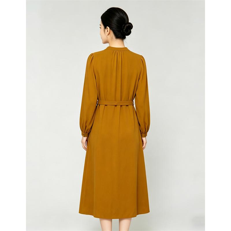 Waist cinching temperament long sleeved mid length skirt