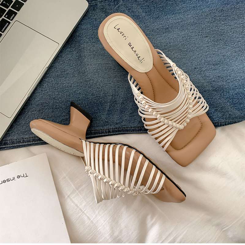 

French soft-soled high heels with thick heels are not tired, and the feet are beautifully woven Roman sandals for women s summer wear Heel height 5 cm