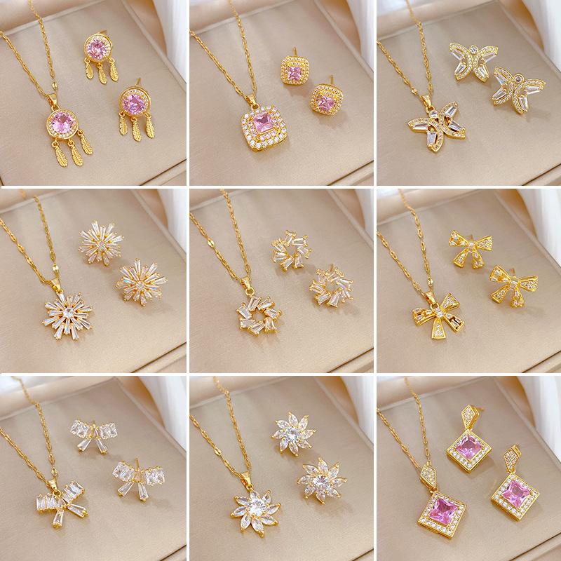 Full of Zirconium Exquisite Wind Copper Micro-inlaid Earrings Necklace Set Combination