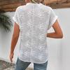 Women Summer Ruffles Short Sleeve Lapel Solid Color Embroidery White Shirt Top