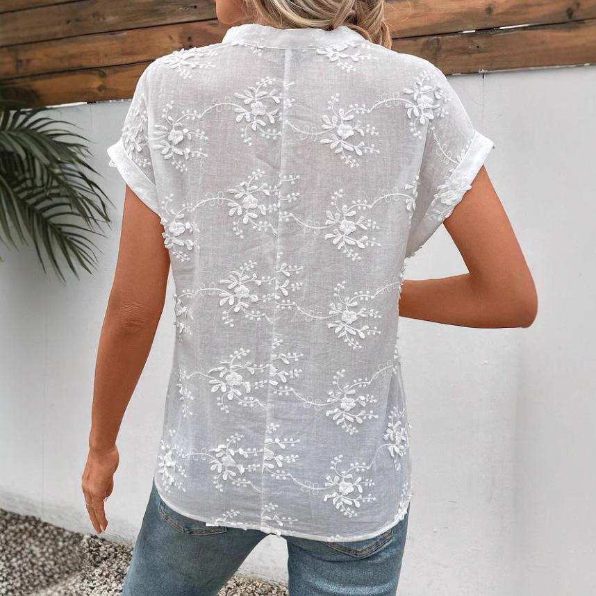 Women Summer Ruffles Short Sleeve Lapel Solid Color Embroidery White Shirt Top