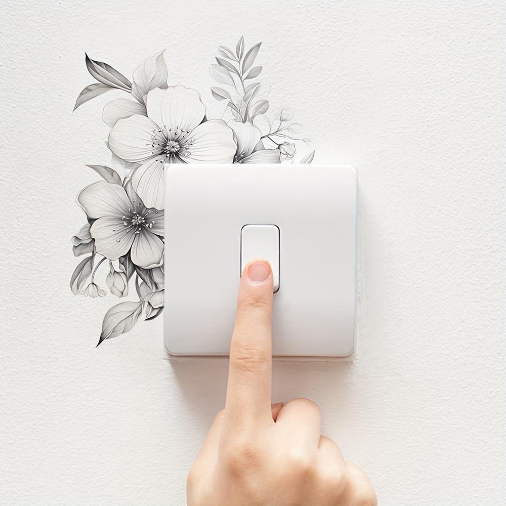 Classic Floral Wall Decal for Light Switch and Outlet, Black and White Flower and Leaf Pattern, Plastic Self-Adhesive Overlay for Home Decor