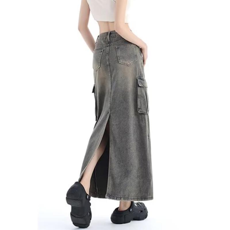 Women's Denim Cargo Skirt with Pocket High Waist Slit Retro Midi Skirt Y2K Clothing Casual Fashion All-match Spring Summer