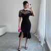 Rochie de damă cu plasă jacquard, cu cusătură, talie asimetrică, stil soră regală, vânt ușor copt