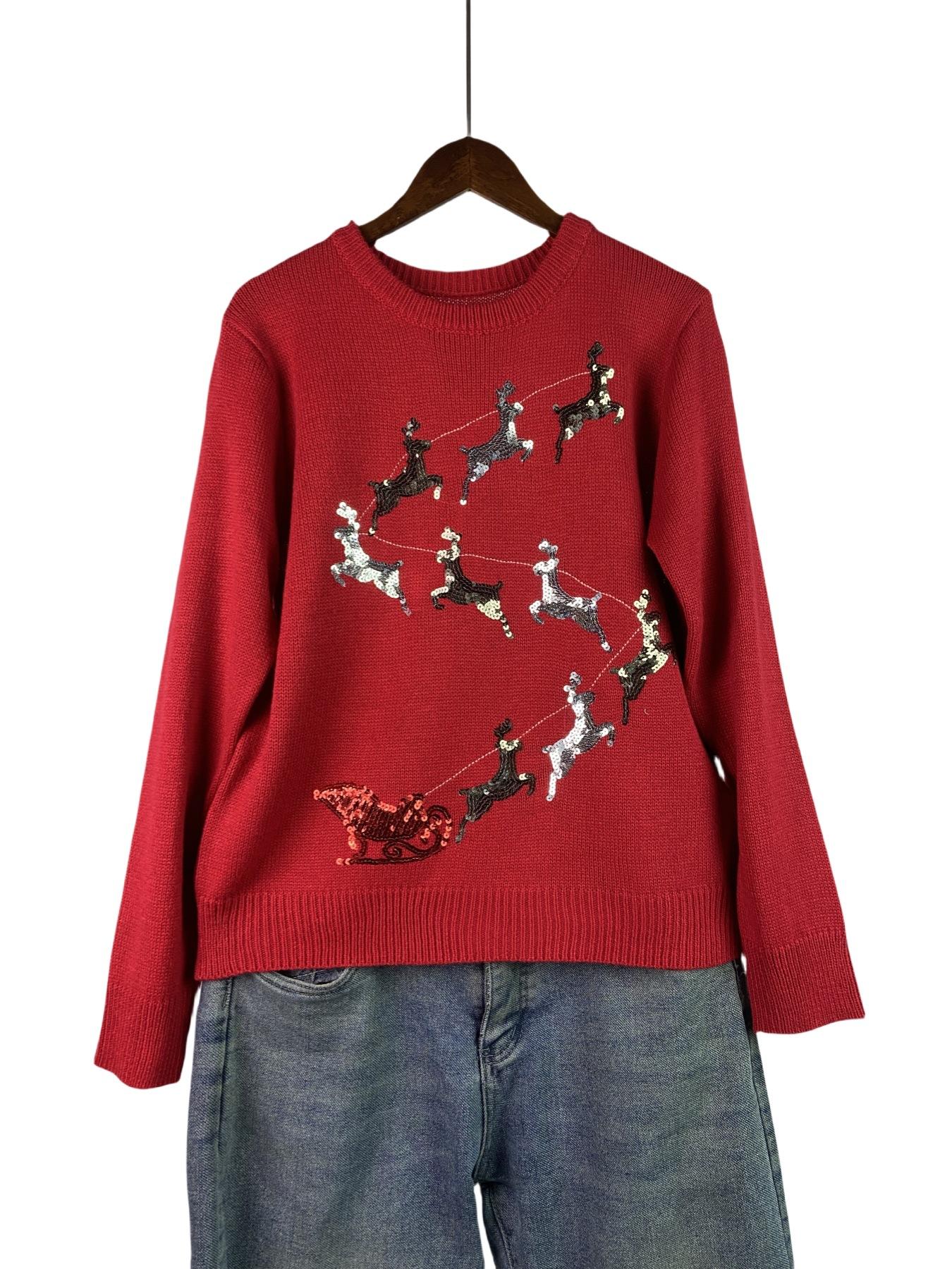 Christmas knitted sweater women s early spring autumn and winter new deer embroidery cute Christmas knitted sweater sweet sequins S