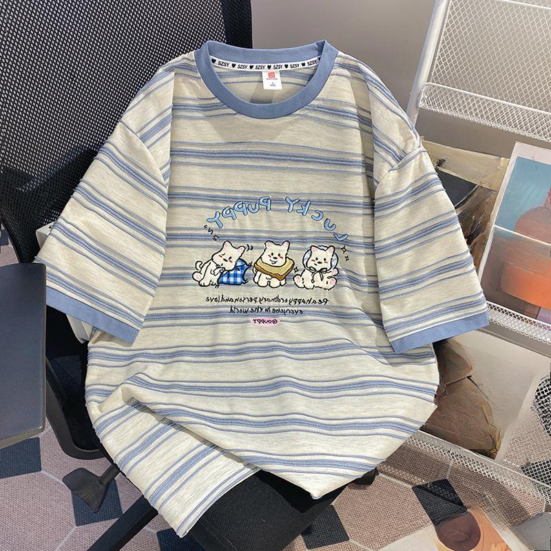 

Свободная футболка с короткими рукавами, с очень большим чувством дизайна и нишевой полосатой вышивкой 4XL синий