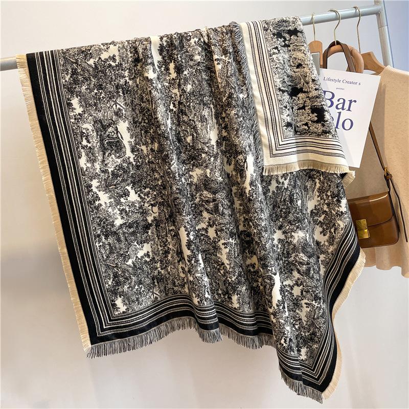 122*128cm Oversized  Imitation Cashmere Wrap with Tassels, Floral Travel Blanket Cape Pashmina Shawl for Women, Versatile scarf