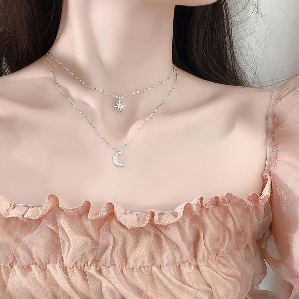 SUMENG 2024 Simple Double Layer Star Moon Charm Multilayered Necklace Delicate Clavicle Chain Zircon For Women Fashion Jewelry
