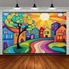 2D Vibrant Cartoon Street Backdrop Colorful Houses Sunlight Party Decor Background Cloth