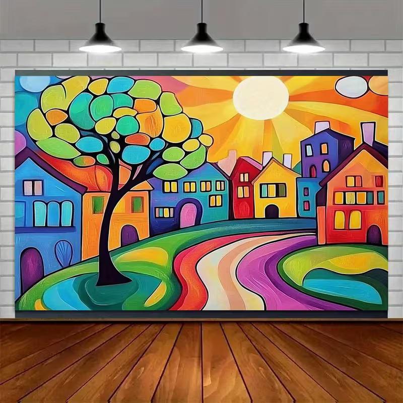2D Vibrant Cartoon Street Backdrop Colorful Houses Sunlight Party Decor Background Cloth