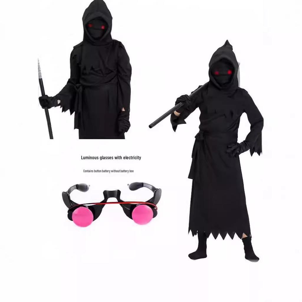 Kids' Halloween Cosplay Costumes: Grim Reaper with Luminous Glasses, Ideal for Stage Performances.