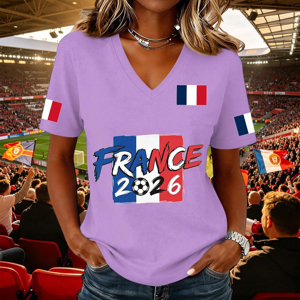 Women's Casual V Neck Pullover Top Short Sleeve Soccer Fan Shirt National Flag Print Support Tee for Outdoor Activities