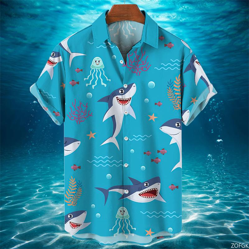 Camicia Hawaiana Uomo Estate Casual Stampa Squalo Animale 3D Moda Manica Corta Mondo Marino Larga Blusa Street Abbigliamento
