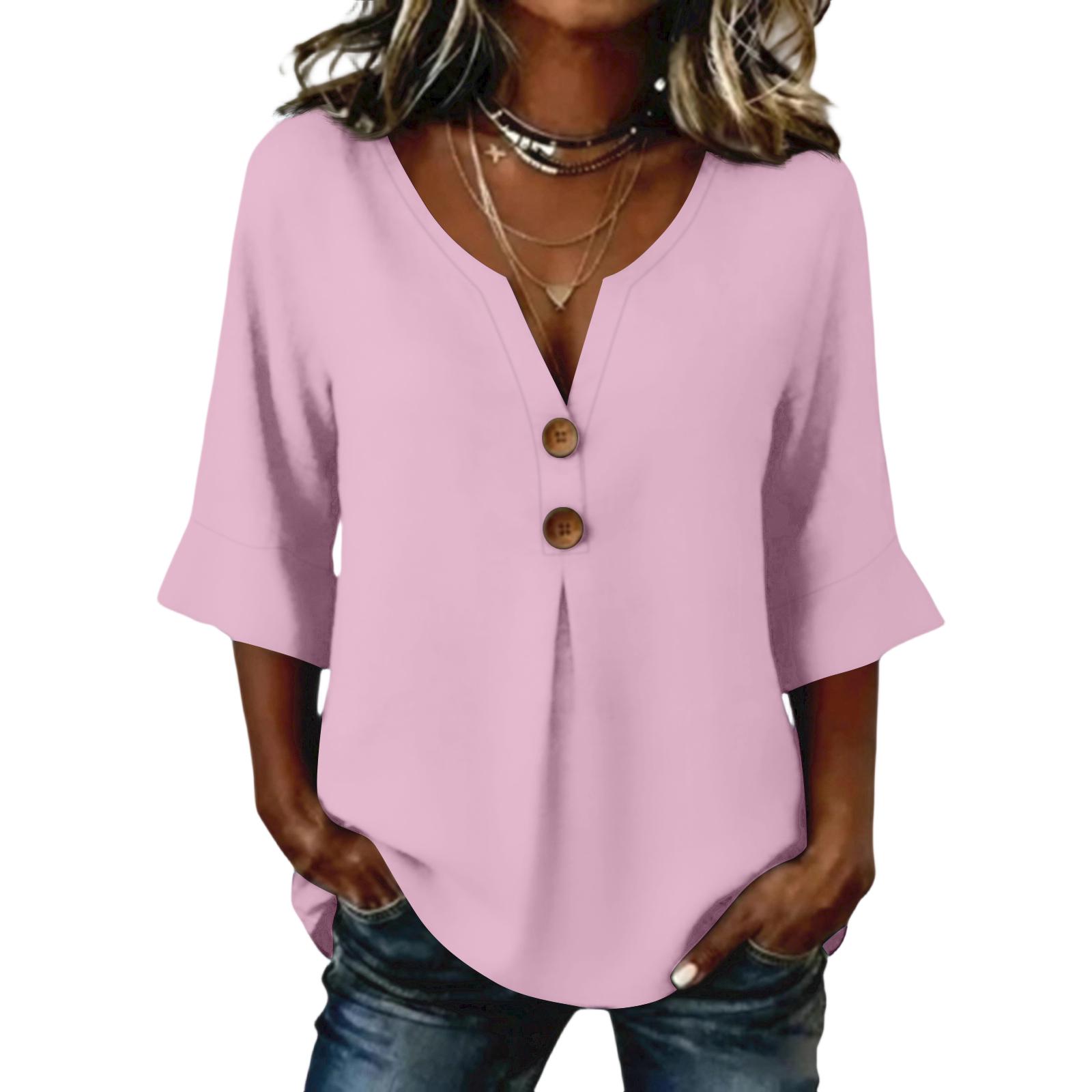 

Women’s V Neck Button Front Loose Fit Blouse Half Sleeve Casual Tunic Top with Pleated for Daily Wear S розовый