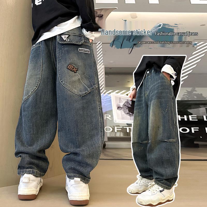 Boys' Fleece-Lined Casual Jeans - Autumn/Winter 2025 Trendy Style for Middle and Big Kids