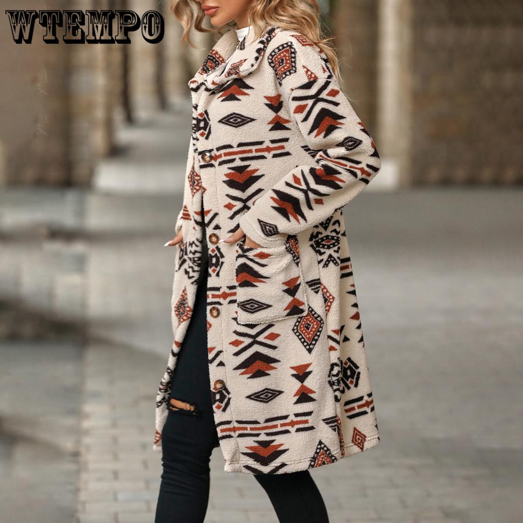 Cappotto Lungo Giacca da Donna a Senso Unico Stile Etnico Stampato Peluche Autunno Inverno