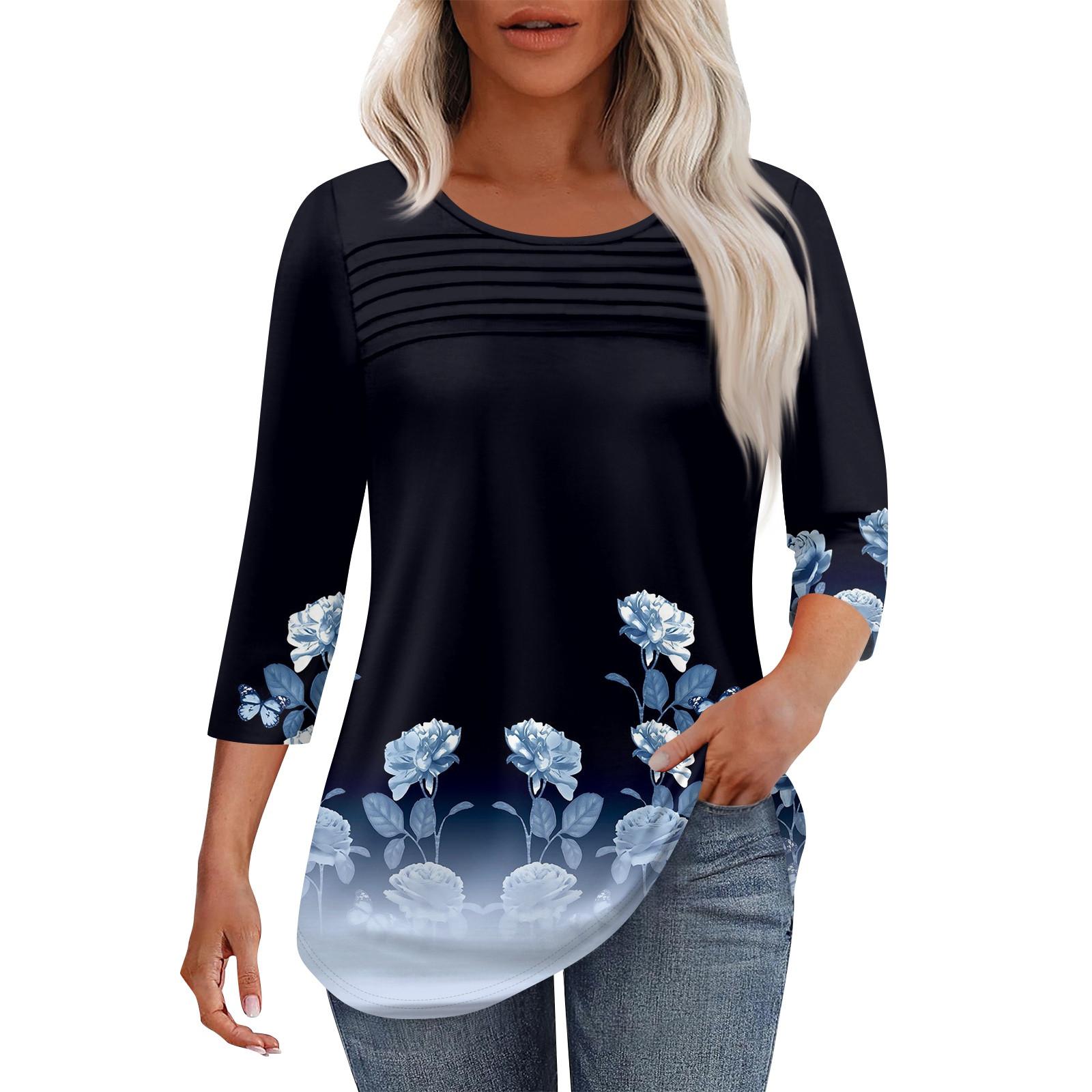 

Жіночий модний топ з круглим вирізом, плісованими передніми планками та принтом, рукавами 3/4 S