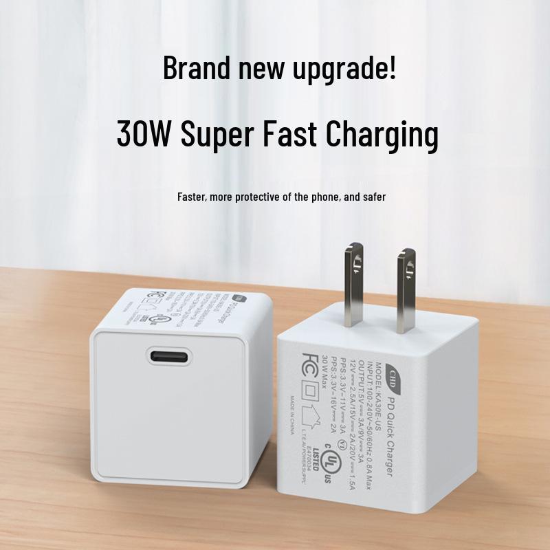 PD30W GaN Charger - UL & FCC Certified, Single USB-C Port, Fast Charging with 5V/9V/12V/15V/20V Protocols.