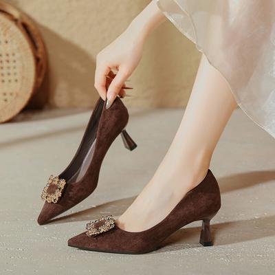 Pointed High Heels Thin Heels Spring and Autumn Shoes Rhinestone Square Buckle Suede French Small Heel Light Mouth Single Shoes