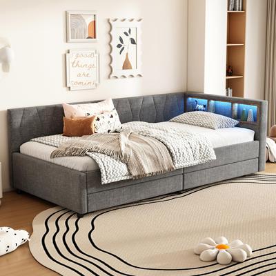 Sofa Bed Daybed 90x200cm, 2 Drawers, 16-color LED, USB+Type-C, Storage Compartment, Slatted Frame, Linen, Grey (without Mattress)