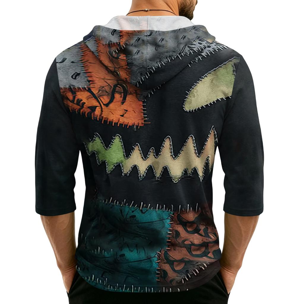 Men's Loose Fit Hooded Three-Quarter Sleeve Halloween Print Pullover