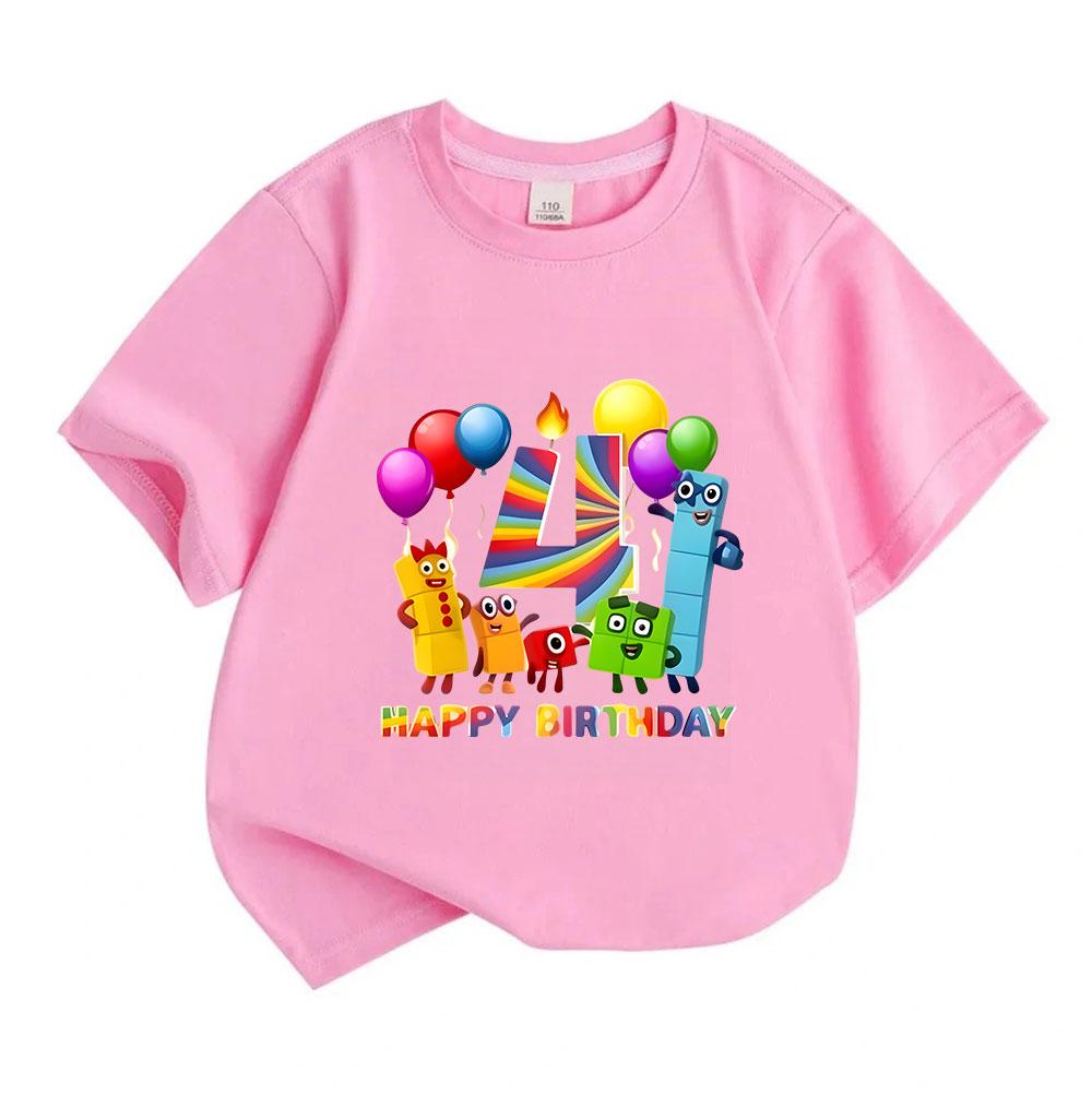 Kids Boys Girls 100% Cotton Crew Neck Short Sleeve T-Shirt Happy 4th Birthday Colorful Number Blocks Cartoon Print Casual Soft Breathable Party Tee To