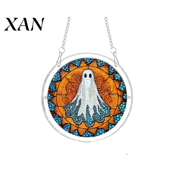 Window Hanging Decoration Halloween Scary Bat Pumpkin Acrylic Jigsaw Puzzle Suncatcher, Stained Glass Style Stainless Steel Chain Hanger Decor