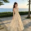 French waist pinch beautiful small skirt v-neck suspender cake long dress summer Sanya seaside vacation polka dot dress